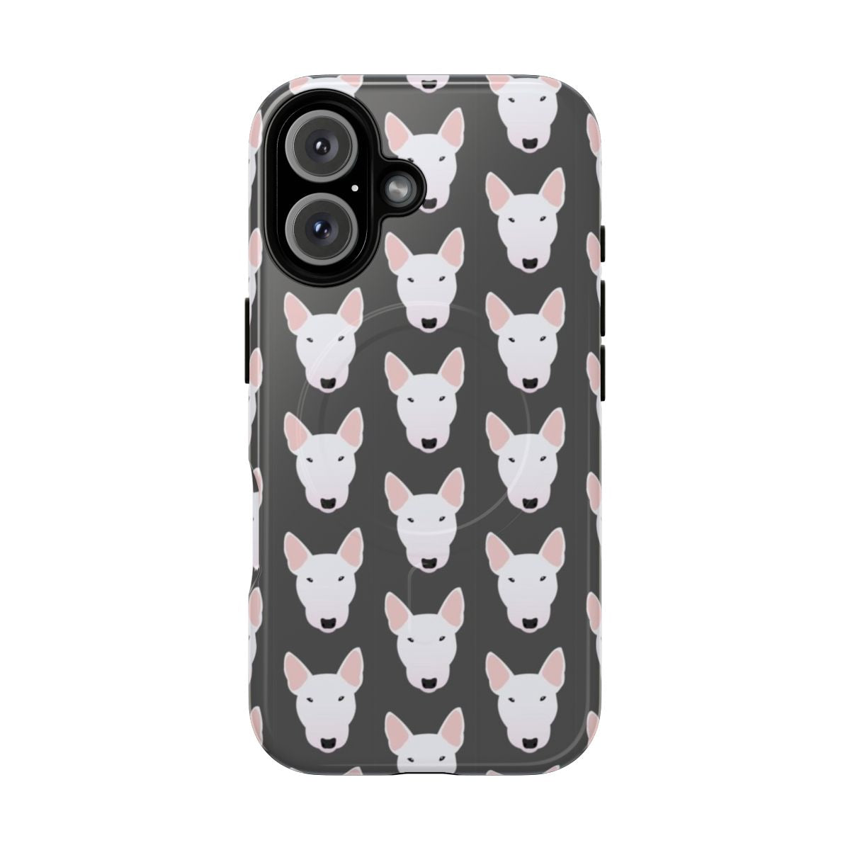 A white miniature bull terrier dog breed on a tough magnetic phone case.