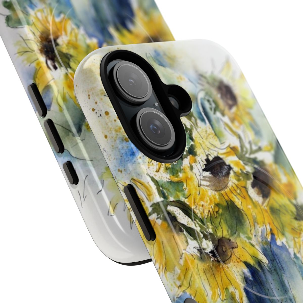 Watercolor sunflower floral art texture design on a protective phone case cover for iPhone and Samsung Galaxy - Detail