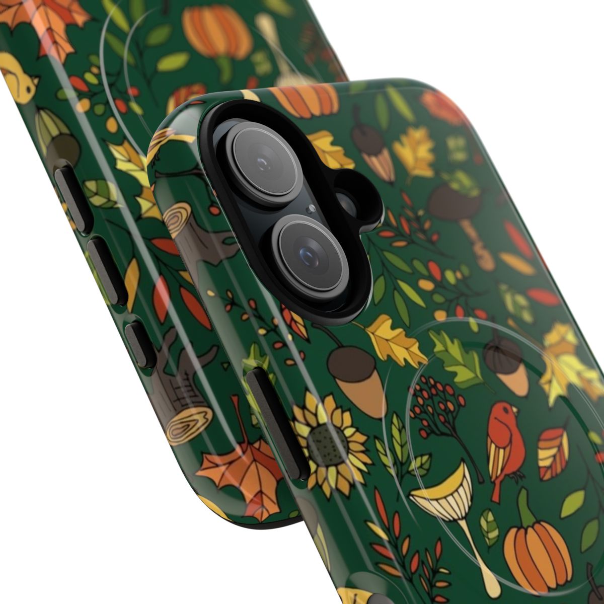 Colorful autumn-themed magnetic phone case with leaves, acorns, and other nature elements - Detail