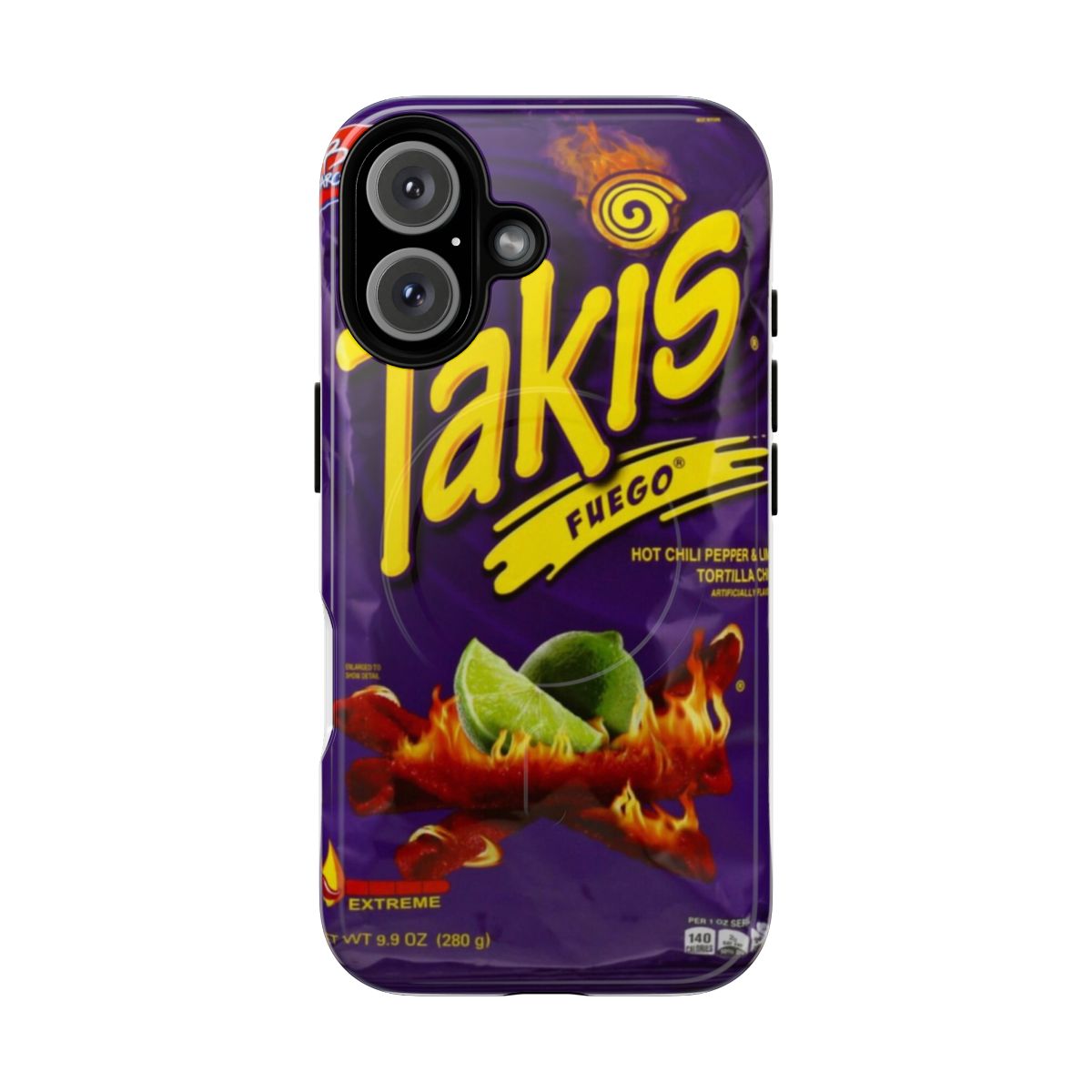 Vibrant yellow and purple phone case with Takis-inspired snack design