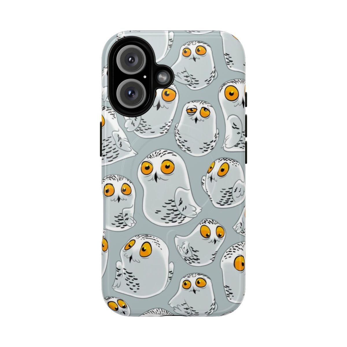 Snowy owl pattern phone case with grey and white feather design