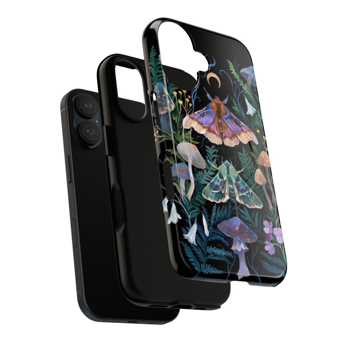 Artistic phone case featuring a sphinx moth and mushrooms in a botanical, moonlit design. - Layers