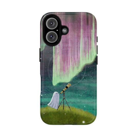 Stargazer magnetic phone case with night sky, northern lights, and ghost design