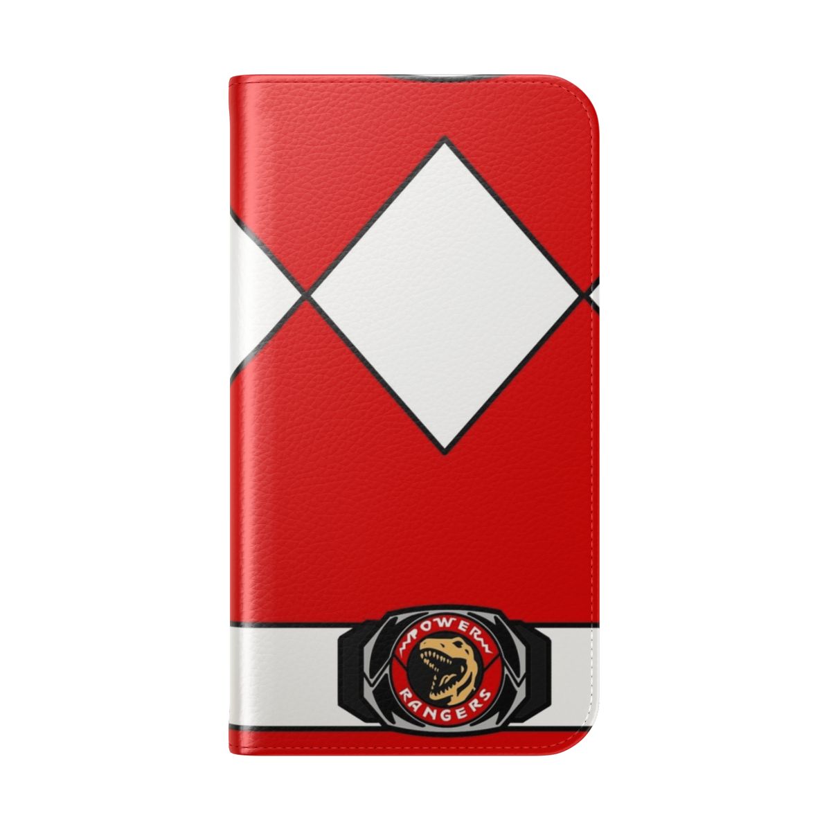 Red phone case with a Tyrannosaurus design, perfect for Power Rangers enthusiasts. - Folded Back