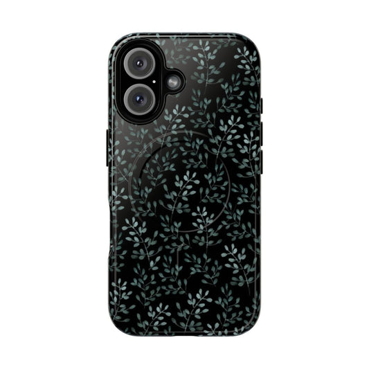 Tough phone case with a botanical pattern design featuring twigs, flowers, leaves, and a nature-inspired color palette.