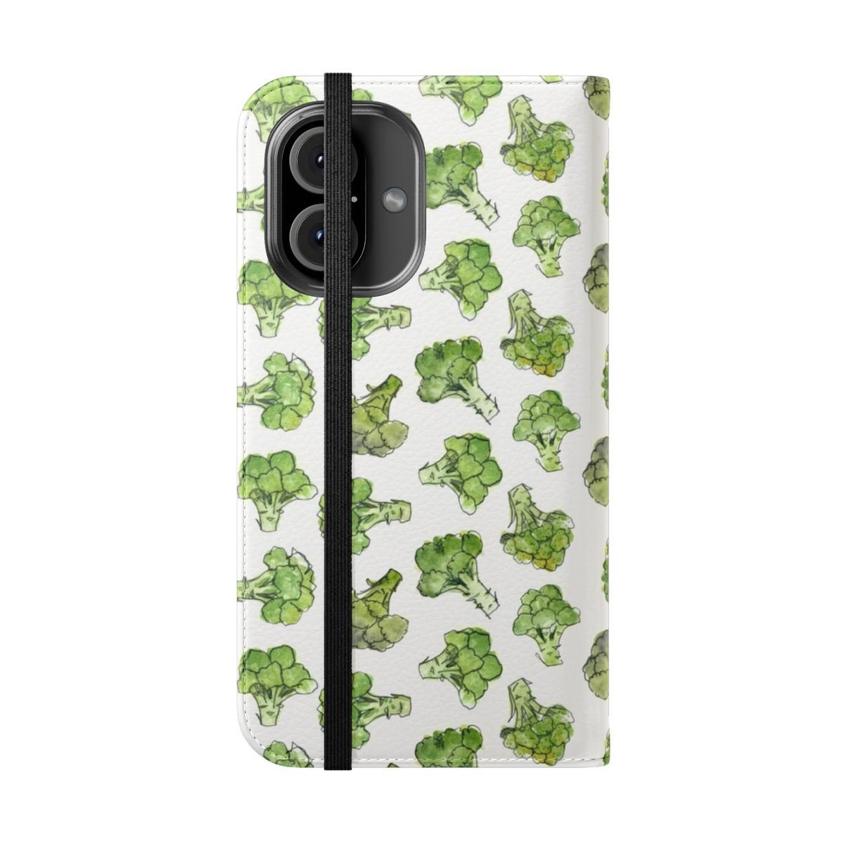 Stylish phone case featuring a vibrant watercolor illustration of broccoli florettes and a floral pattern. - Folded Front