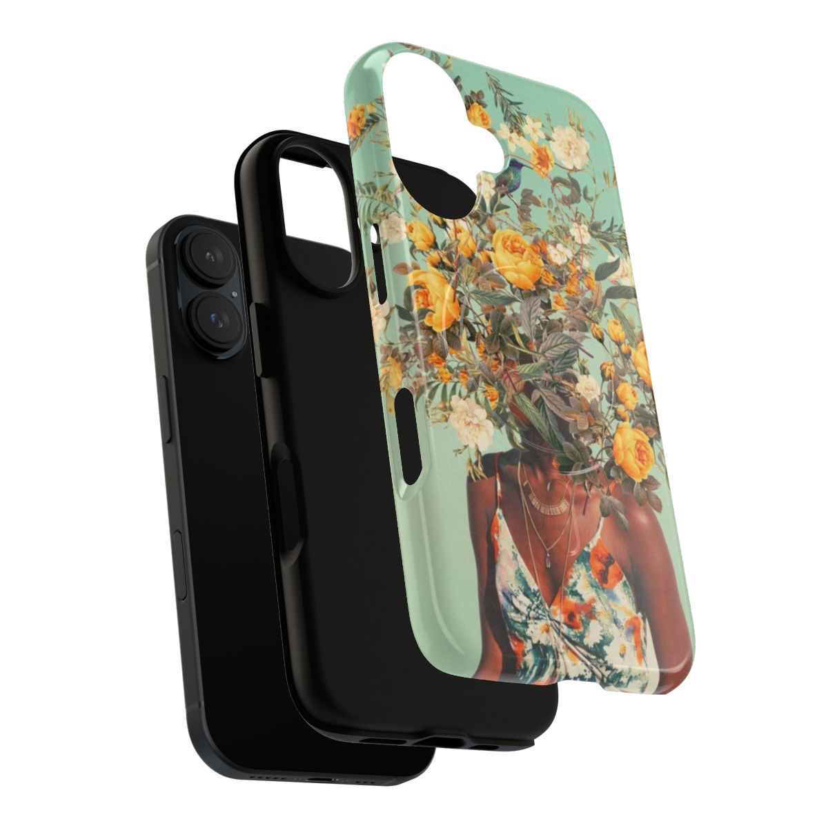 Vintage collage-style phone case featuring a floral portrait with summer nature elements in blue, green, and yellow tones. - Layers