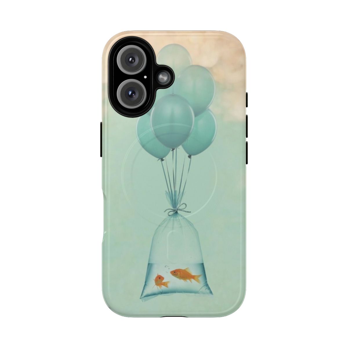 Whimsical goldfish and balloon design on a sturdy phone case