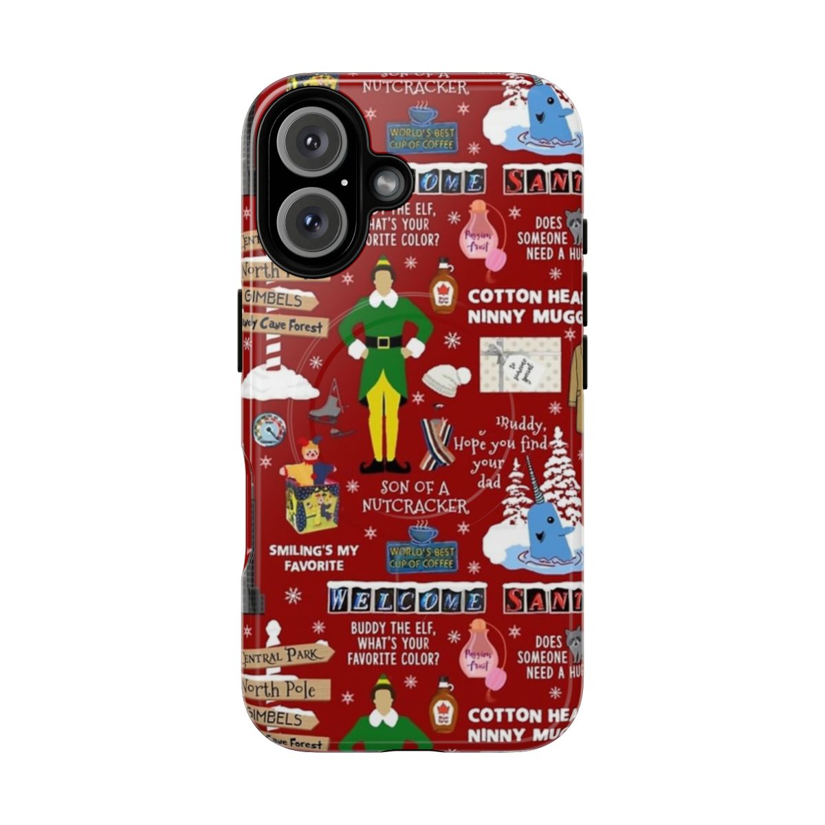 Collage of Buddy the Elf from the Christmas movie with various holiday-themed quotes and images on a red phone case.