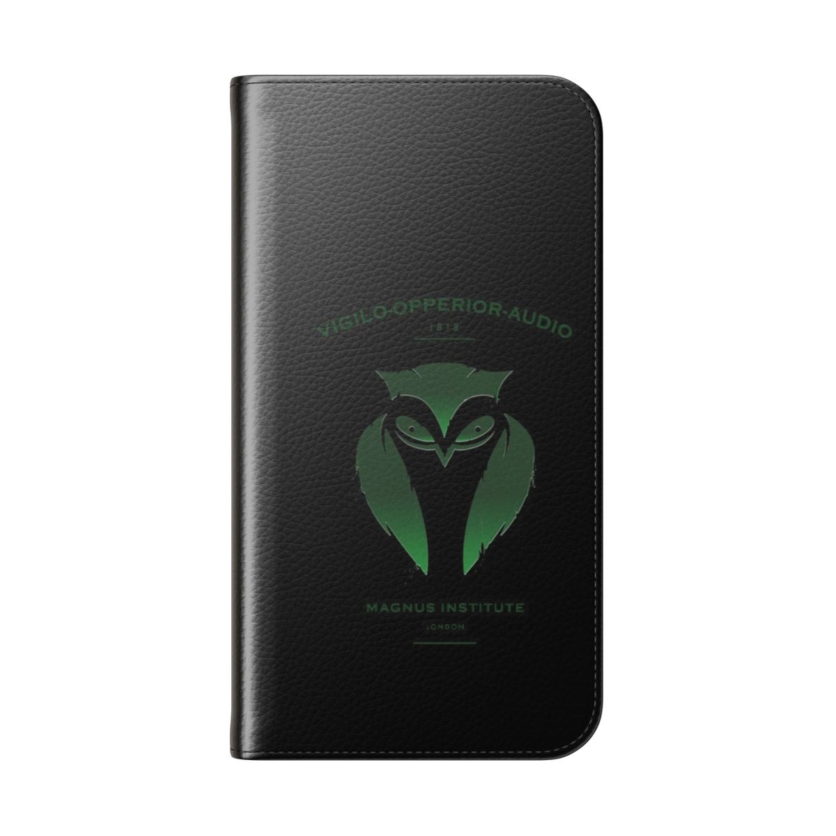 Flip cover phone case with a dark academic, spooky owl emblem design - Folded Back