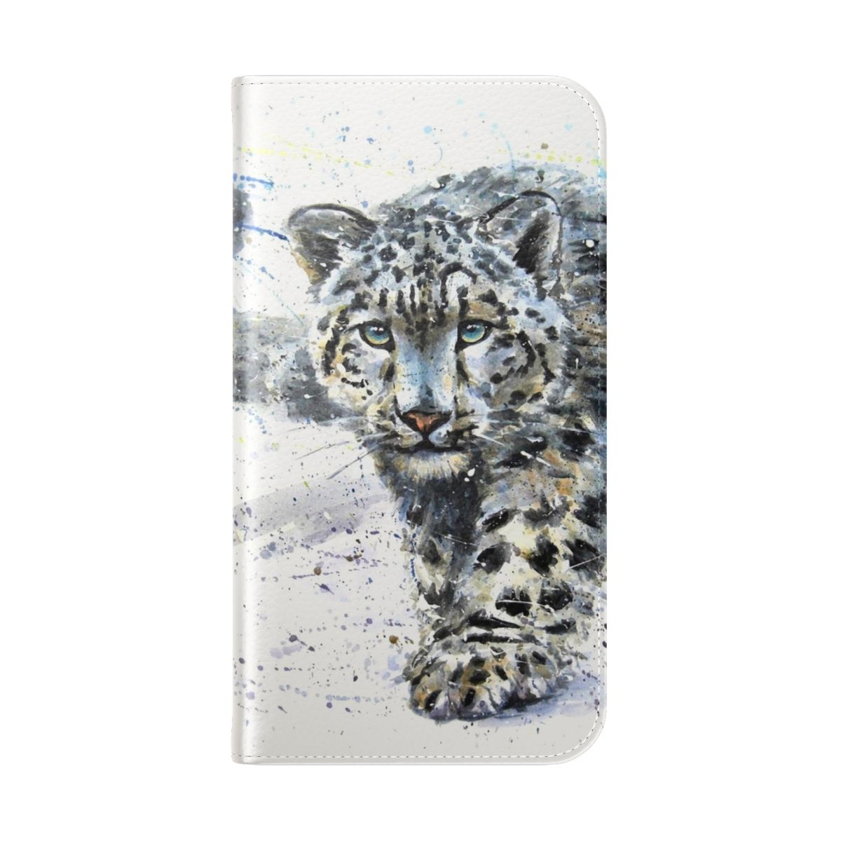 Vibrant watercolor painting of a snow leopard on a protective phone case cover - Folded Back