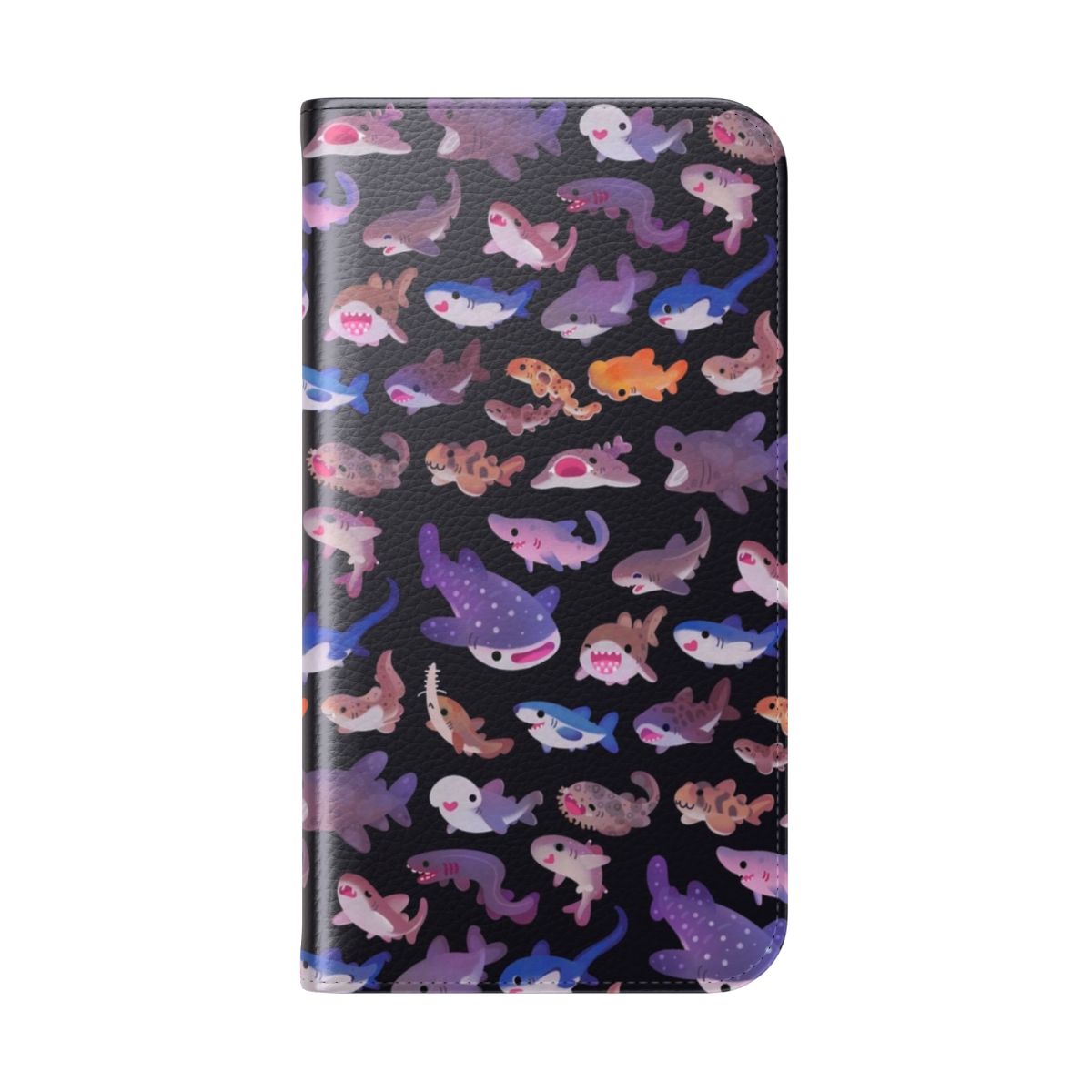 Colorful phone case featuring various shark species, including whale sharks, great white sharks, and more. - Folded Back