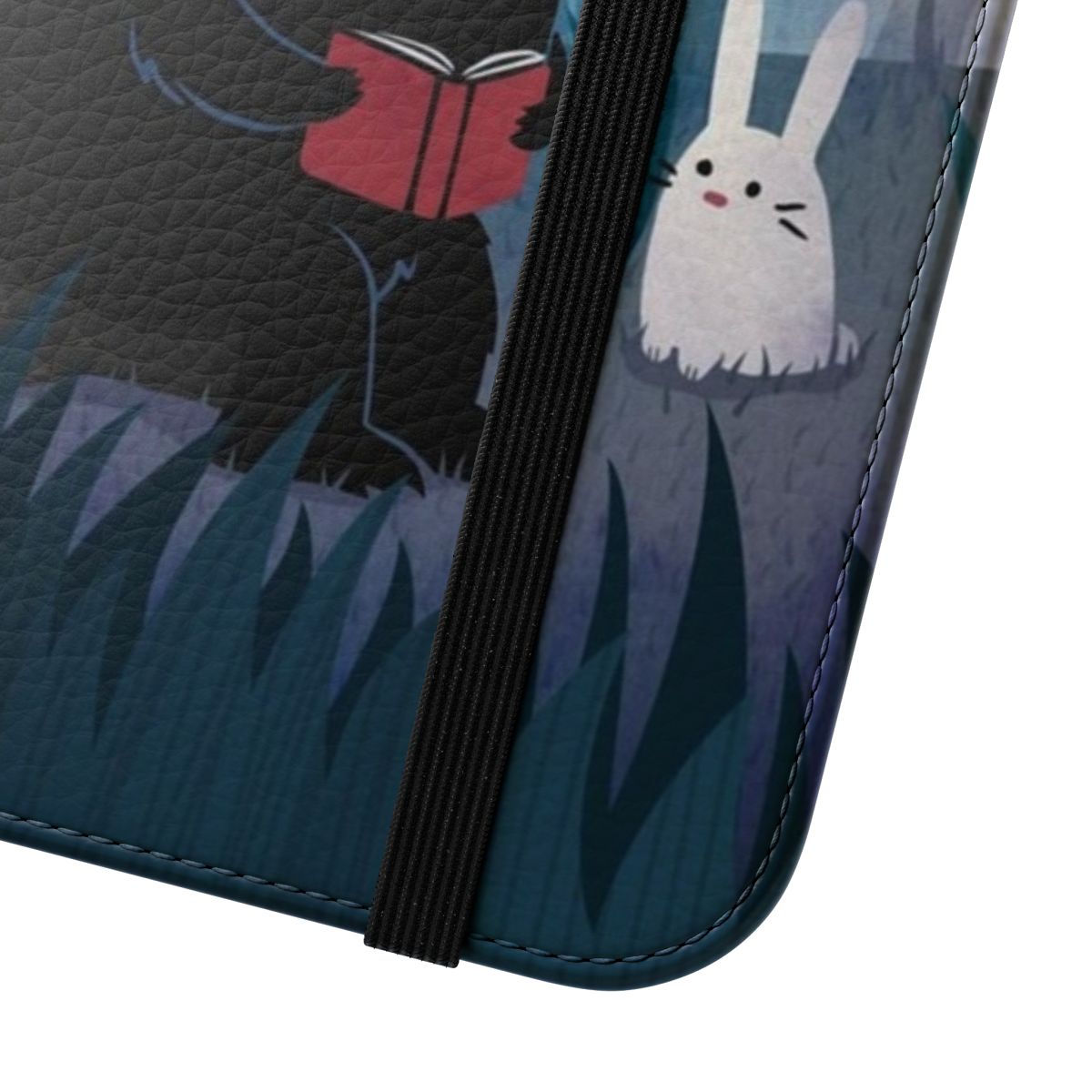 Flip cover phone case featuring a watercolor illustration of a quiet spot in the forest with a bunny and monster. - Close Up