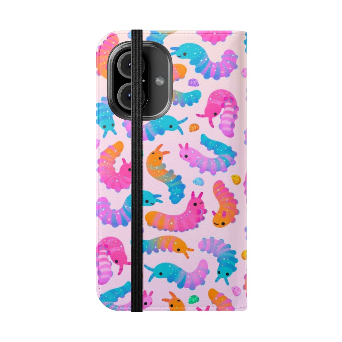 Whimsical phone case featuring a sour velvet worm design - Folded Front