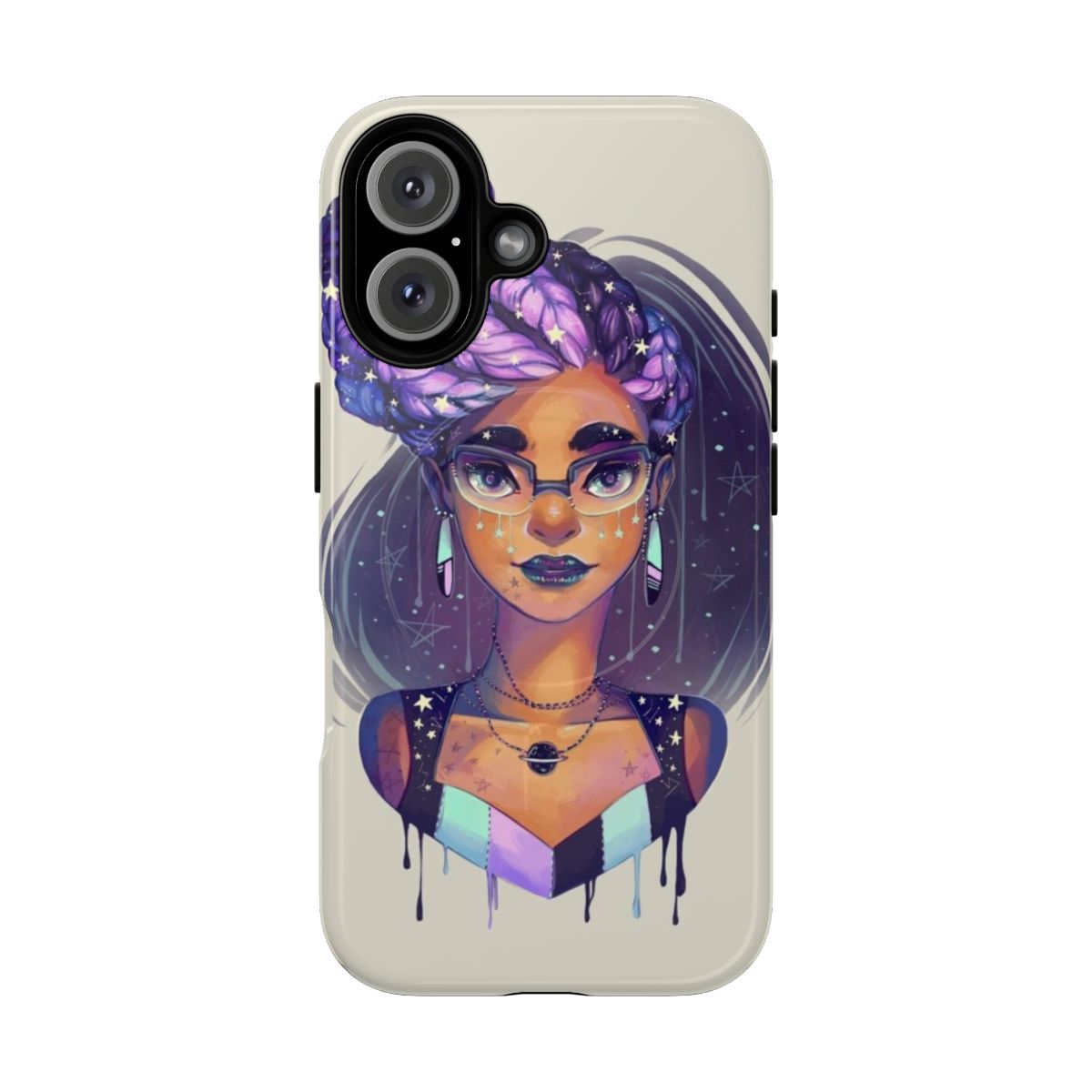 Cosmic-inspired phone case featuring a goddess braids pattern in shades of black, purple, and teal.