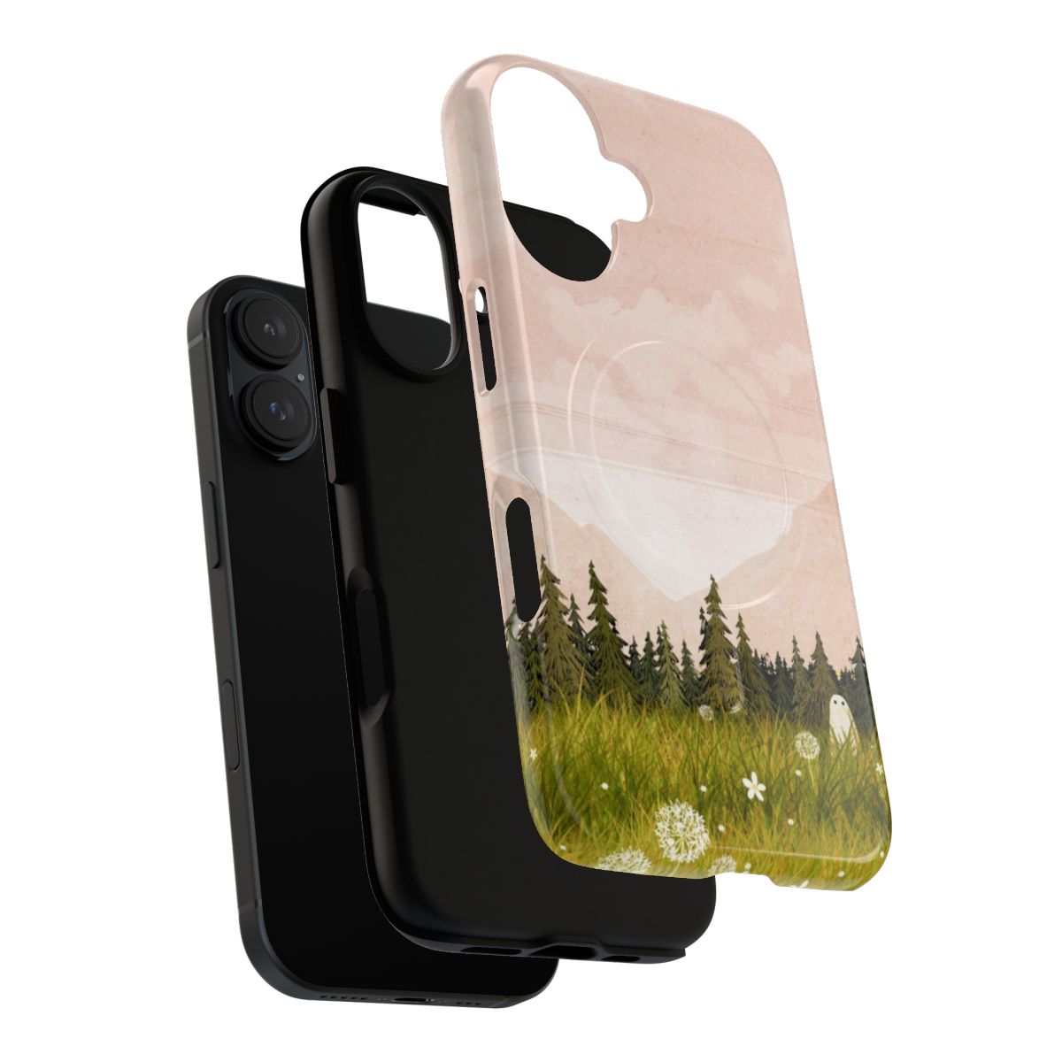 Magnetic tough phone case featuring a summer landscape design with mountains, forest, and meadow. - Layers