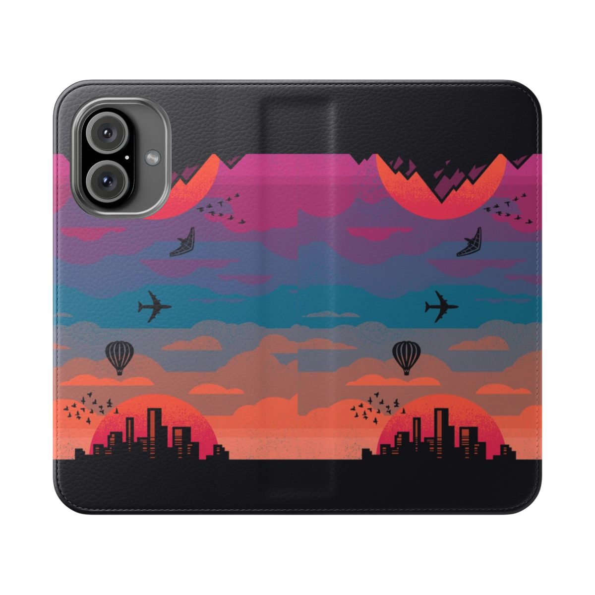 Colorful flip phone case with a sunrise to sunset landscape design