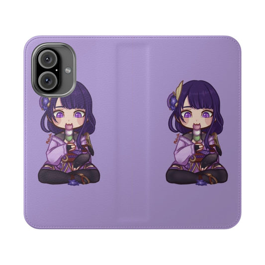 Raiden Shogun-themed phone case with a flip cover design for Genshin Impact enthusiasts