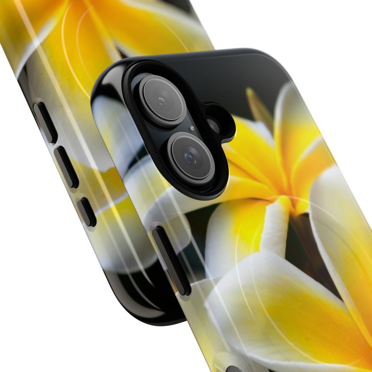 Close-up of a yellow plumeria flower on a phone case - Detail