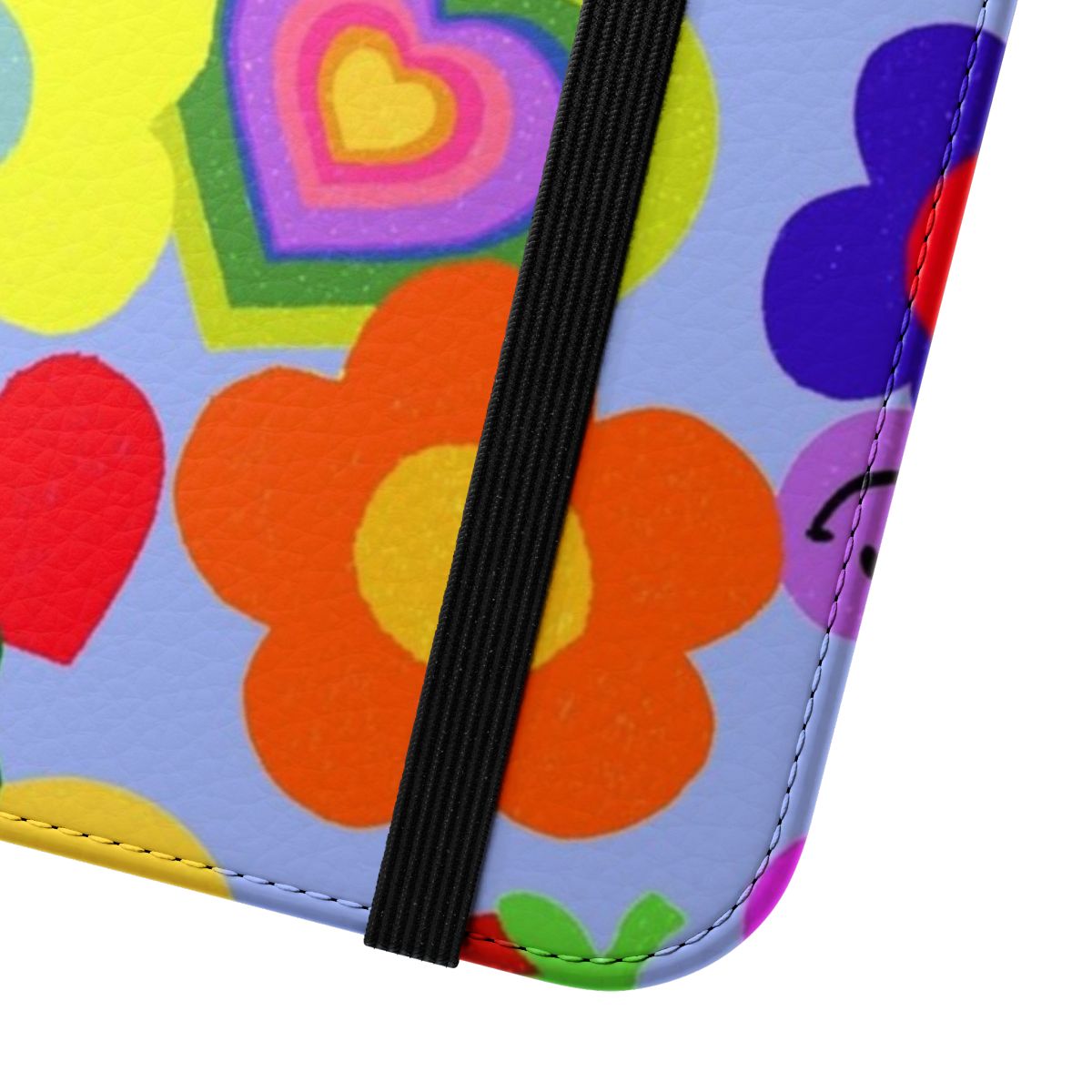 Vibrant floral and smiley print on a flip cover phone case in a fun, nostalgic kidcore style - Close Up