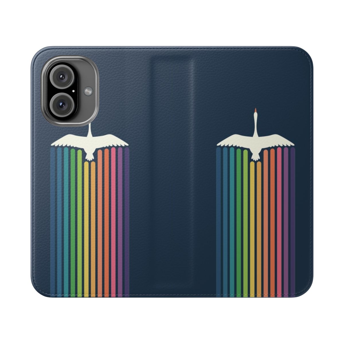 Flip cover phone case with a colorful design of birds flying in a sky with clouds and a rainbow.