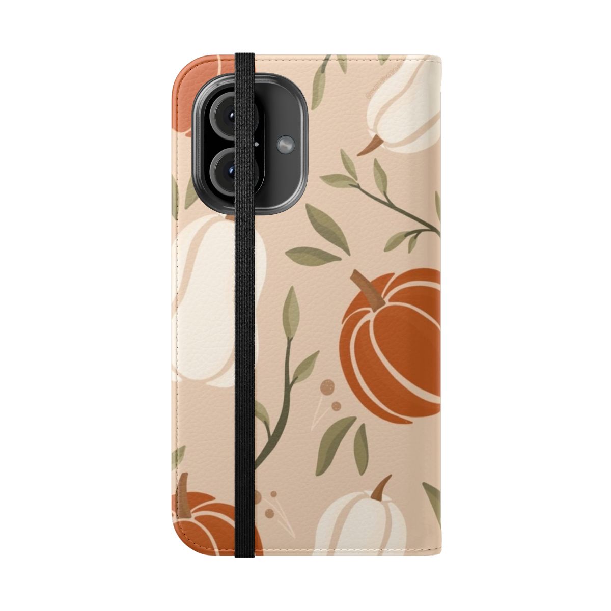 Pumpkin spice-themed phone case with fall leaves design - Folded Front