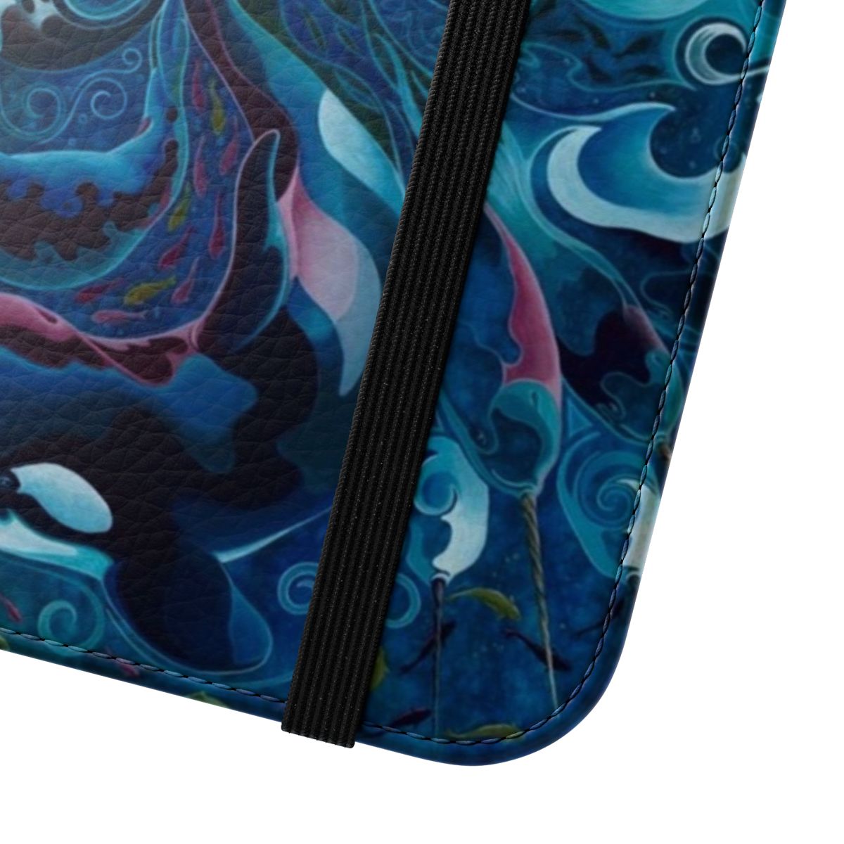 Colorful flip phone case featuring an artistic orca whale design on an arctic landscape background. - Close Up