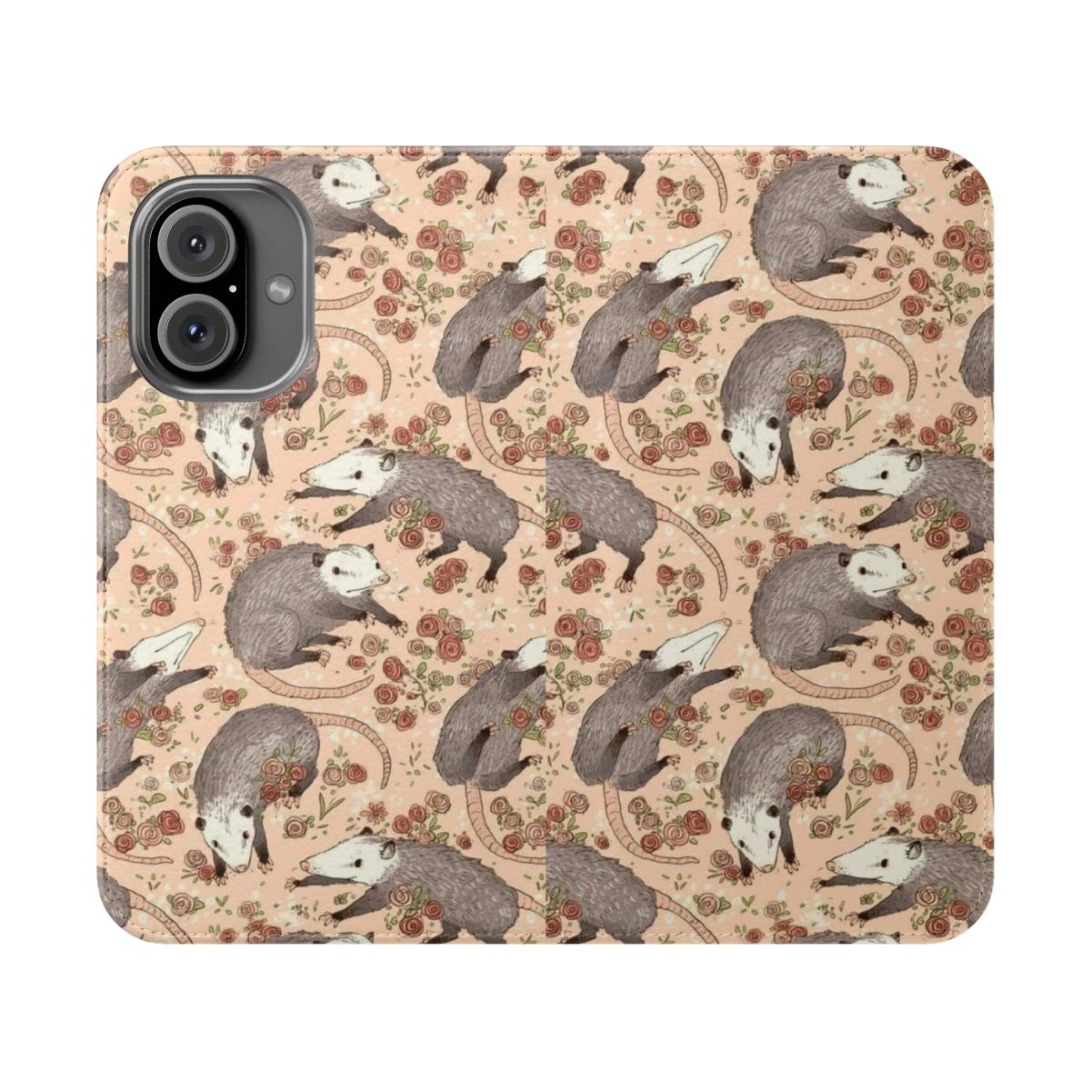 Whimsical and retro-inspired phone flip cover case featuring a cartoon possum design.