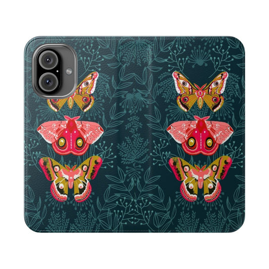 Vibrant phone case featuring a botanical design with a moth and butterfly in bright colors.