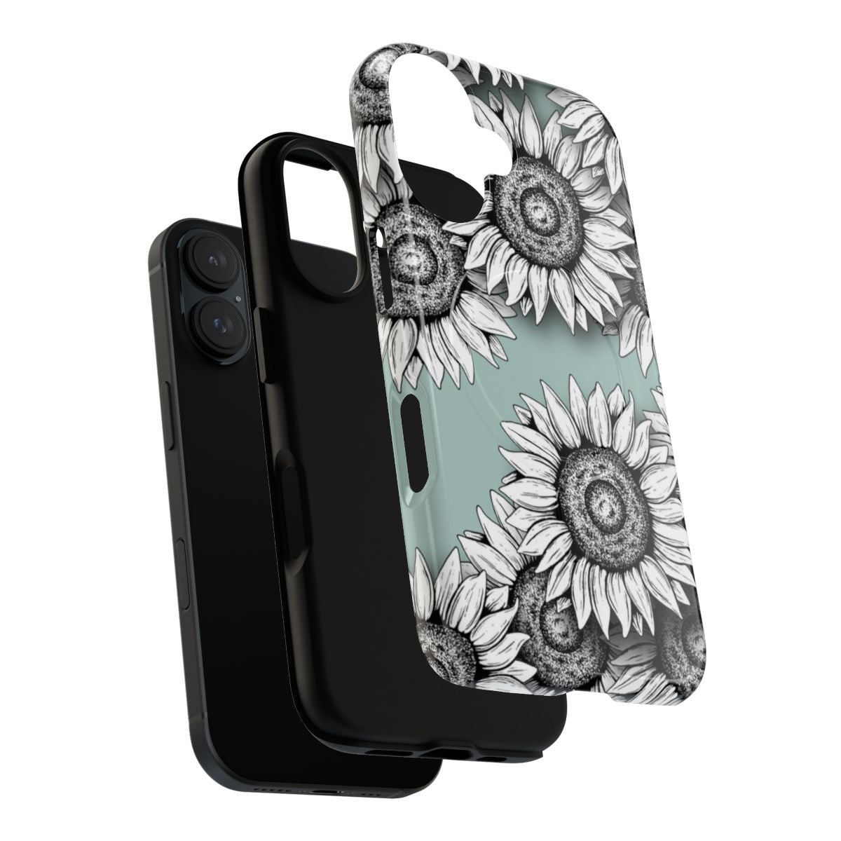 A phone case featuring a graphic black and white illustration of wild flowers and greenery. - Layers