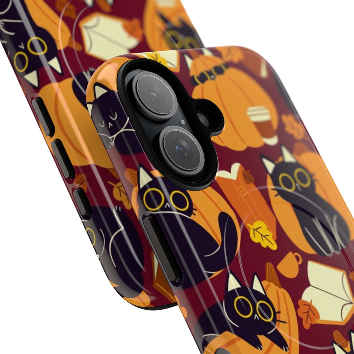 Artistic phone case featuring cats, pumpkins, and books design - Detail