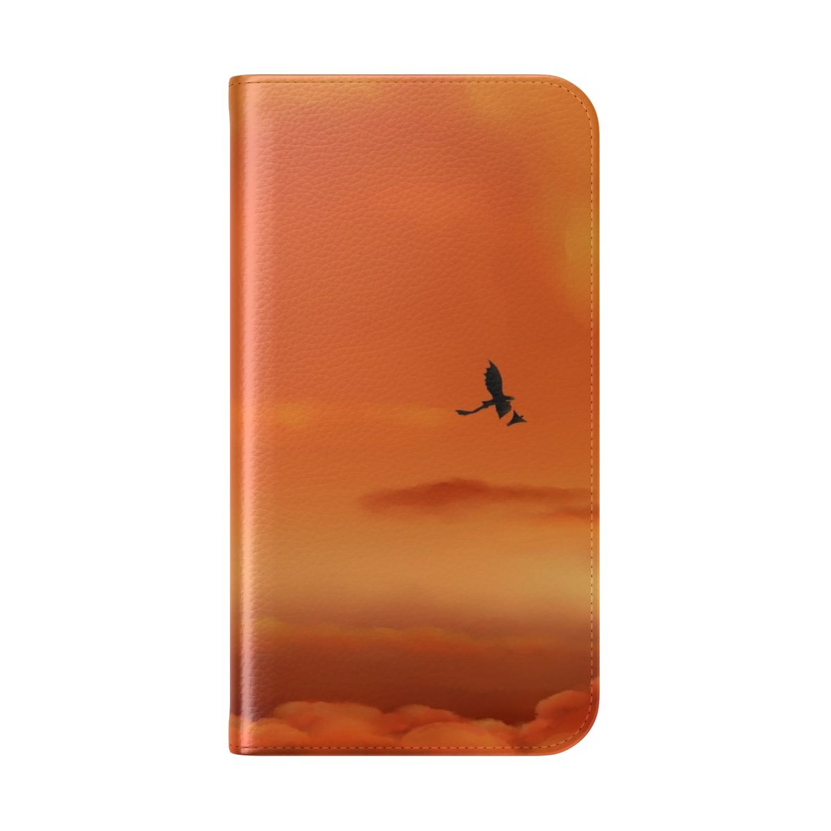 Photo of a phone case with an orange sky, clouds, and silhouettes of a dragon and rider - Folded Back