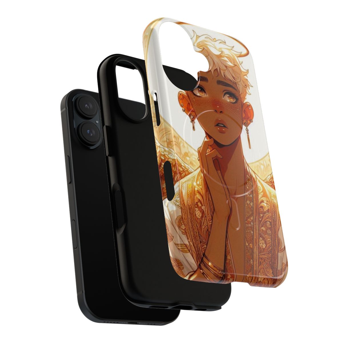 Illustration of a celestial guardian angel with halo, wings, and freckles in a mystical, ethereal design for a fantasy-themed phone case. - Layers