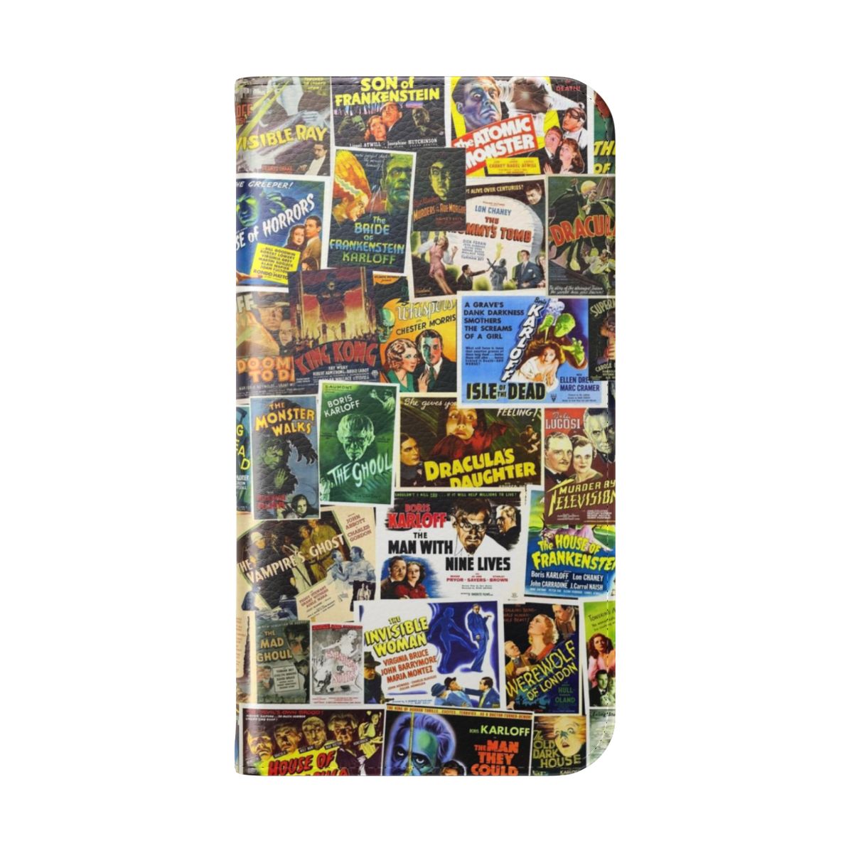 Vintage-style flip cover phone case with classic horror movie imagery - Folded Back