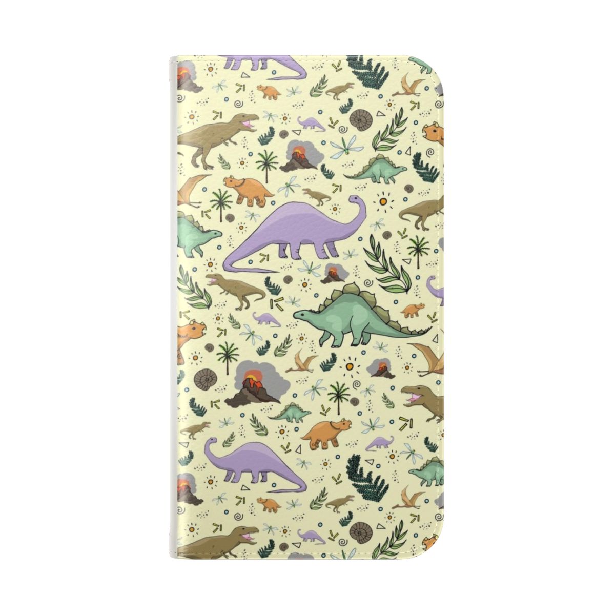 Colorful dinosaur pattern phone case with popular dinosaur species like brontosaurus, triceratops, and t-rex. - Folded Back