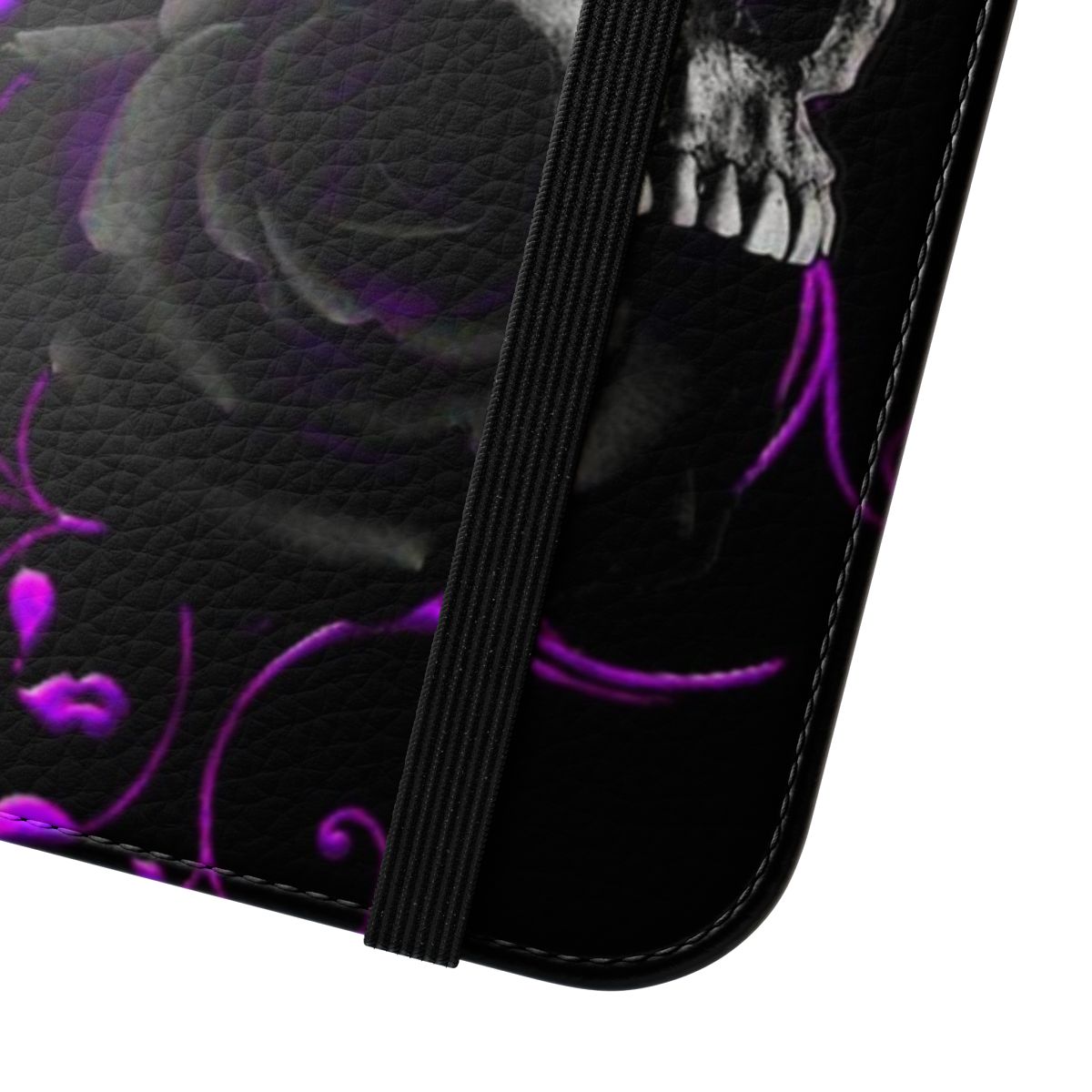 A black phone case with a skull and black and purple roses design - Close Up