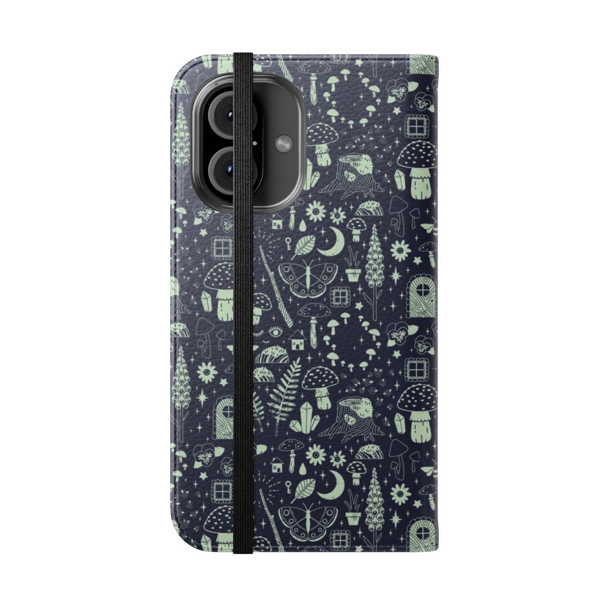 Fairy Garden Midnight Flip Cover Phone Case with Mushrooms, Butterflies, and Flowers - Folded Front