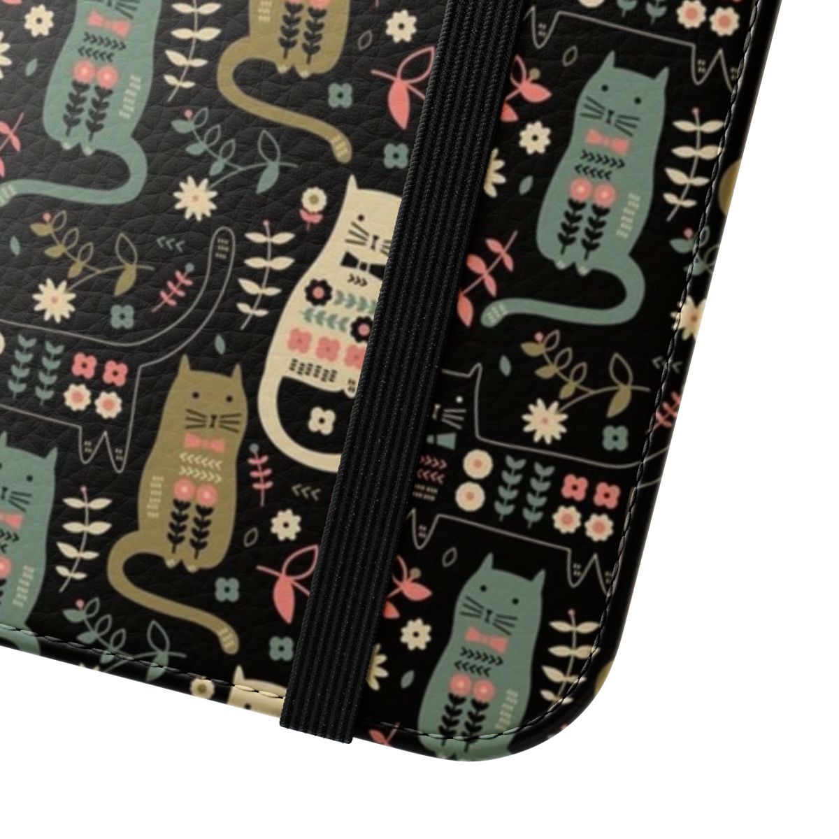 A charming phone case featuring a vintage-inspired cat and floral design. - Close Up