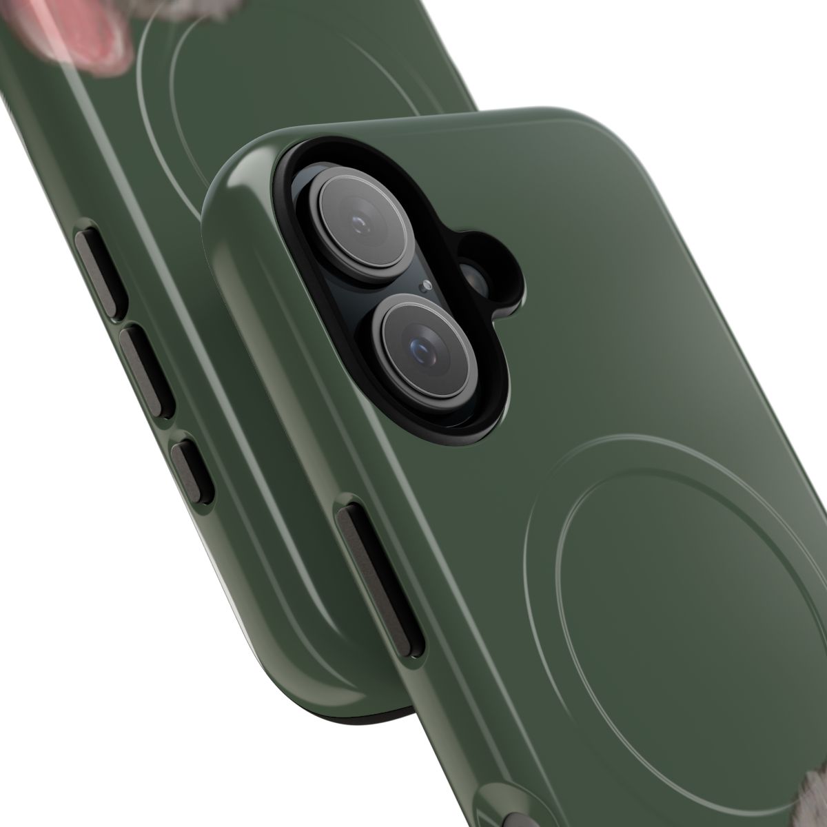 Magnetic tough phone case featuring a portrait of a peeking green rat - Detail