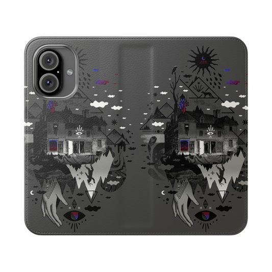 Surreal collage phone case featuring a house in a dark, dreamlike landscape with mountains and stars