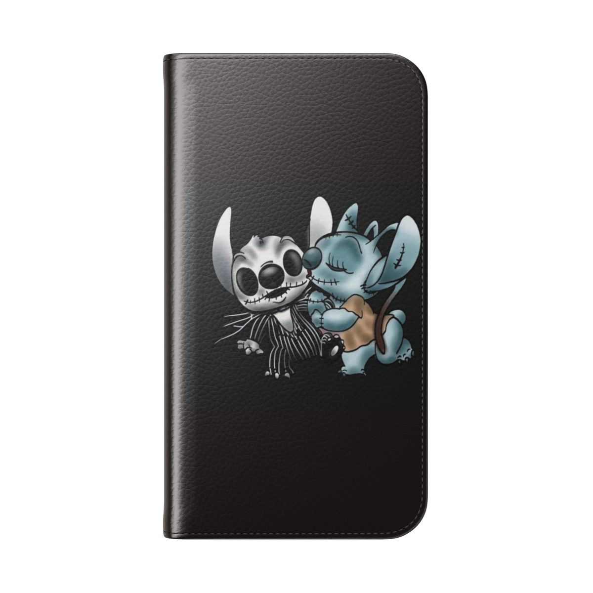 Halloween-themed phone case featuring Stitch and an angel character from The Nightmare Before Christmas - Folded Back