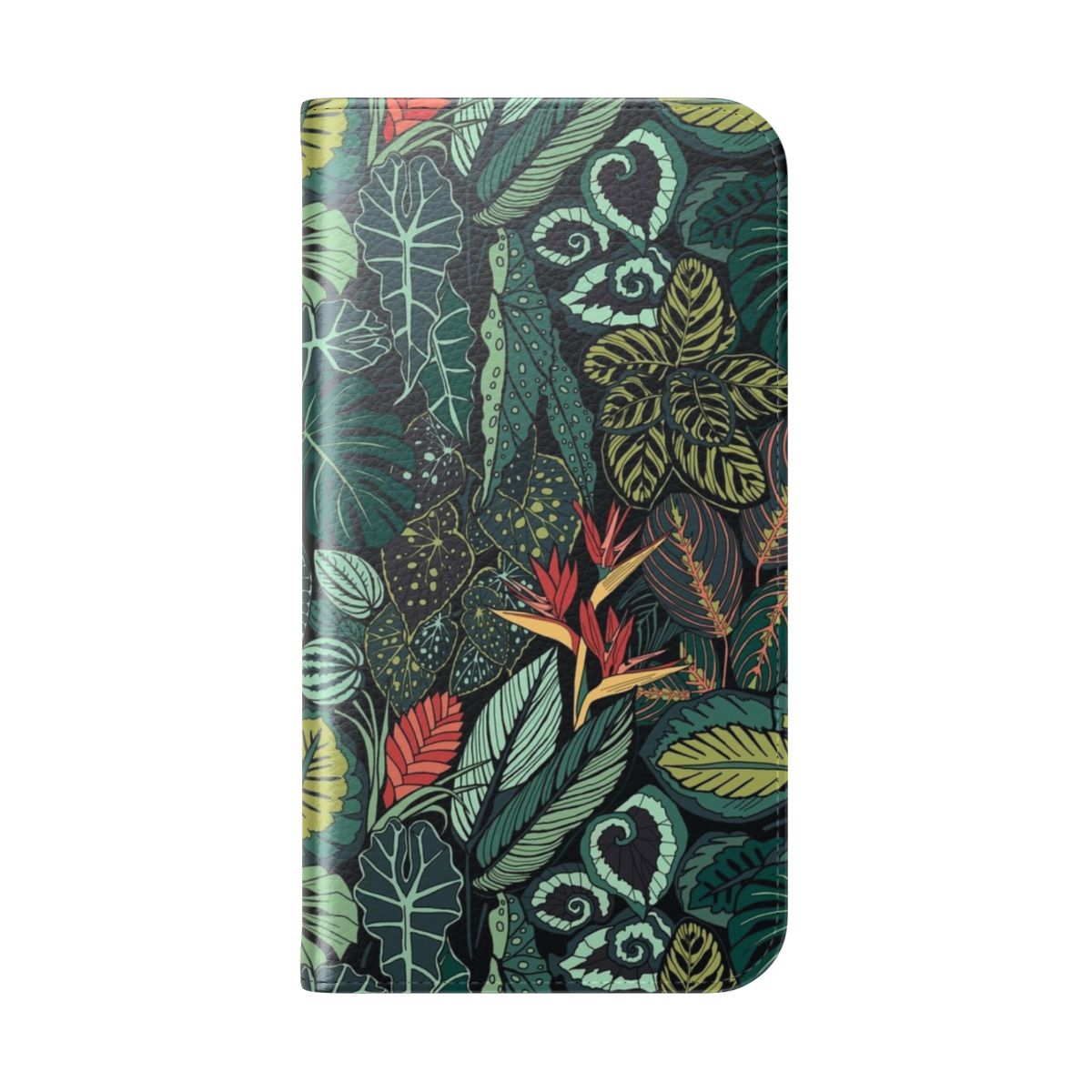 Flip phone case with a vibrant print of tropical leaves, including calathea, bird of paradise, and other lush botanicals. - Folded Back