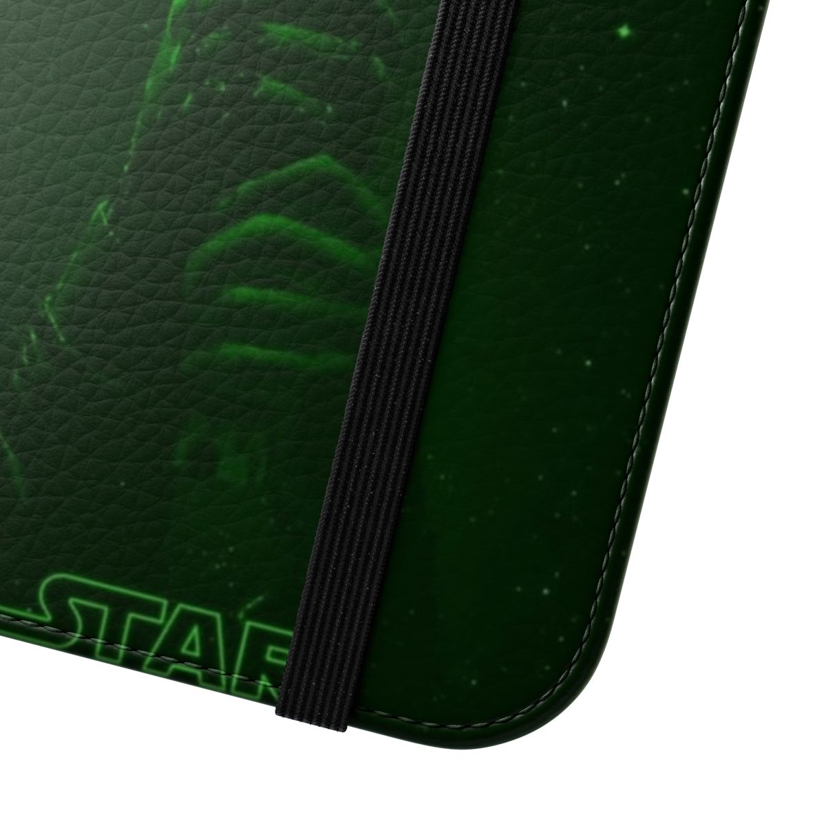 A sleek flip phone case with a green saber design, inspired by the Star Wars galaxy. - Close Up