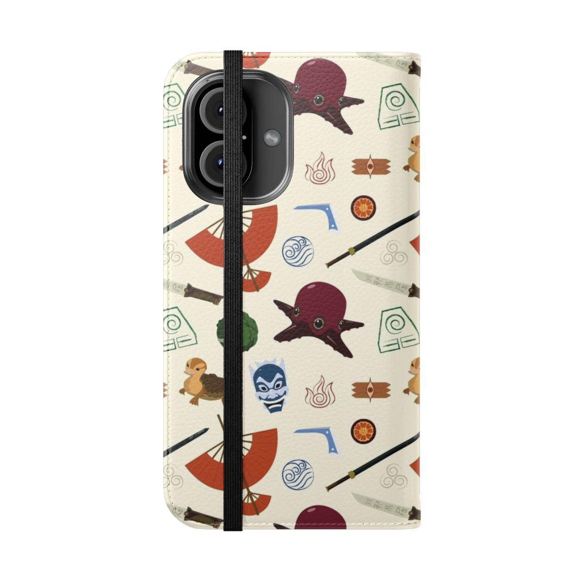 Colorful flip cover phone case featuring an Avatar: The Last Airbender-inspired pattern design. - Folded Front