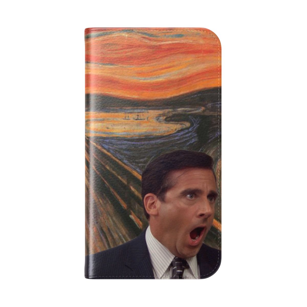 Flip cover phone case featuring a humorous parody of Edvard Munch's "The Scream" with Michael Scott's iconic quote from "The Office" - Folded Back