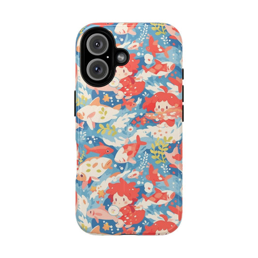 Colorful illustration of underwater scene with anime-style fish and characters on a magnetic phone case