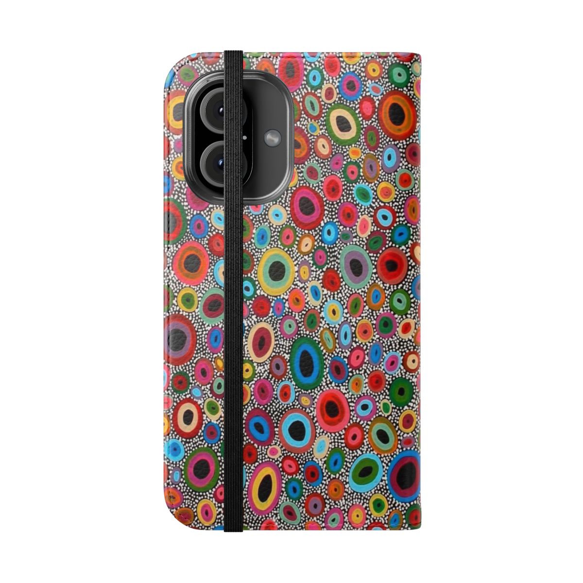 Flip phone case featuring vibrant aboriginal-inspired dot art design - Folded Front