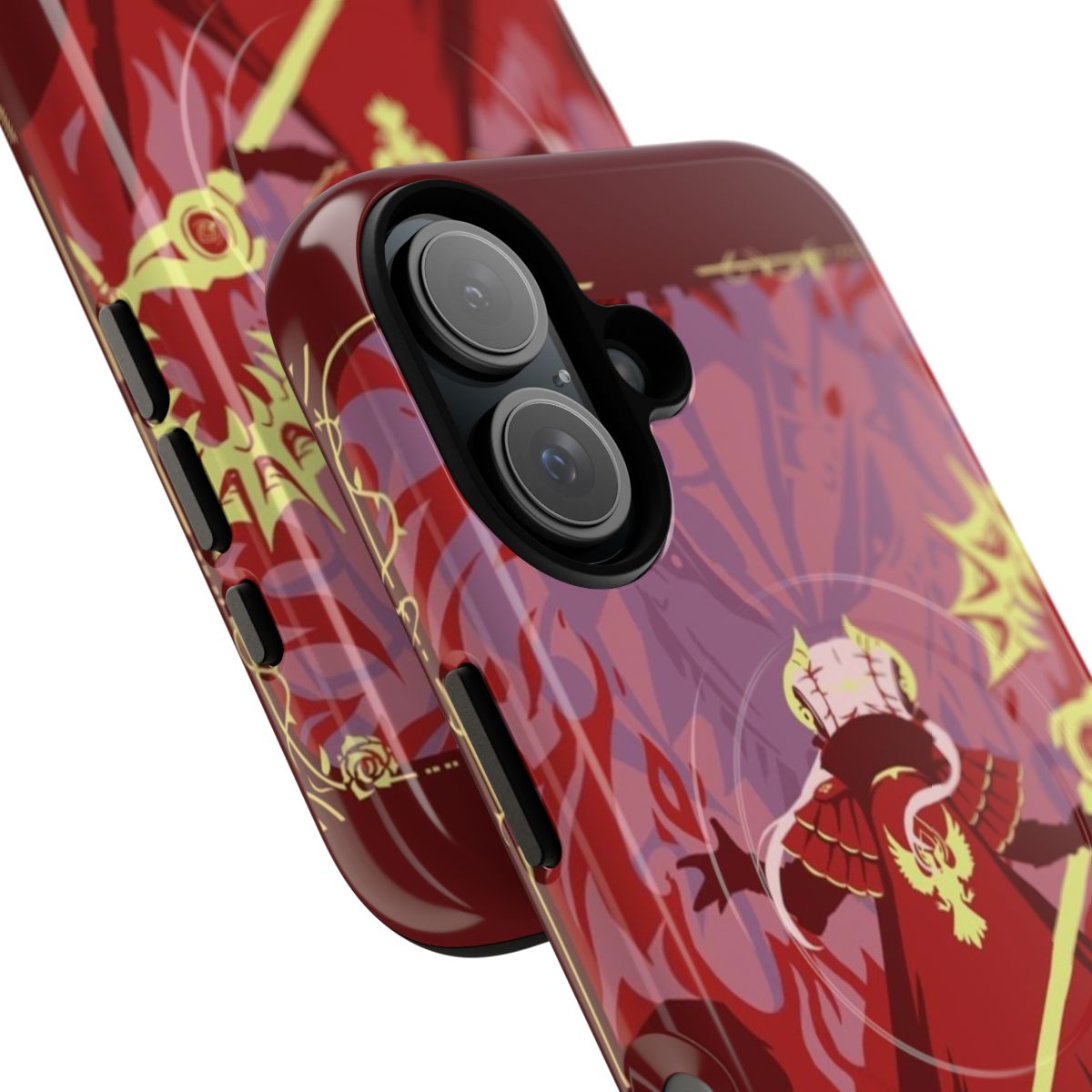 Crimson flower-patterned magnetic and tough phone case - Detail