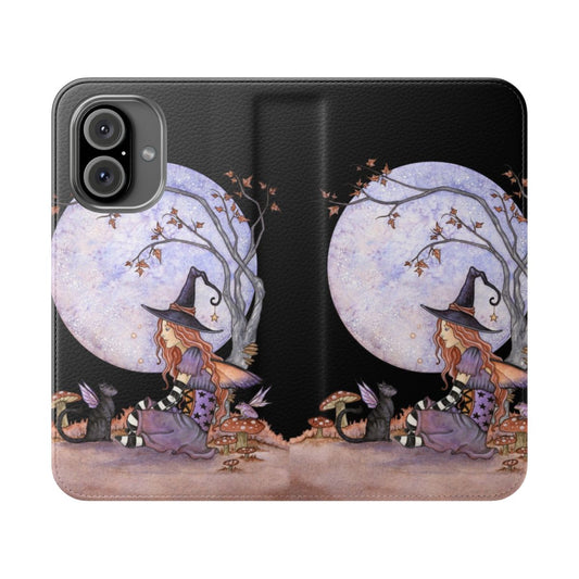 Enchanted moon magick phone case with fantasy illustrations of a full moon, fairy cat, mushrooms, and a twisted tree.