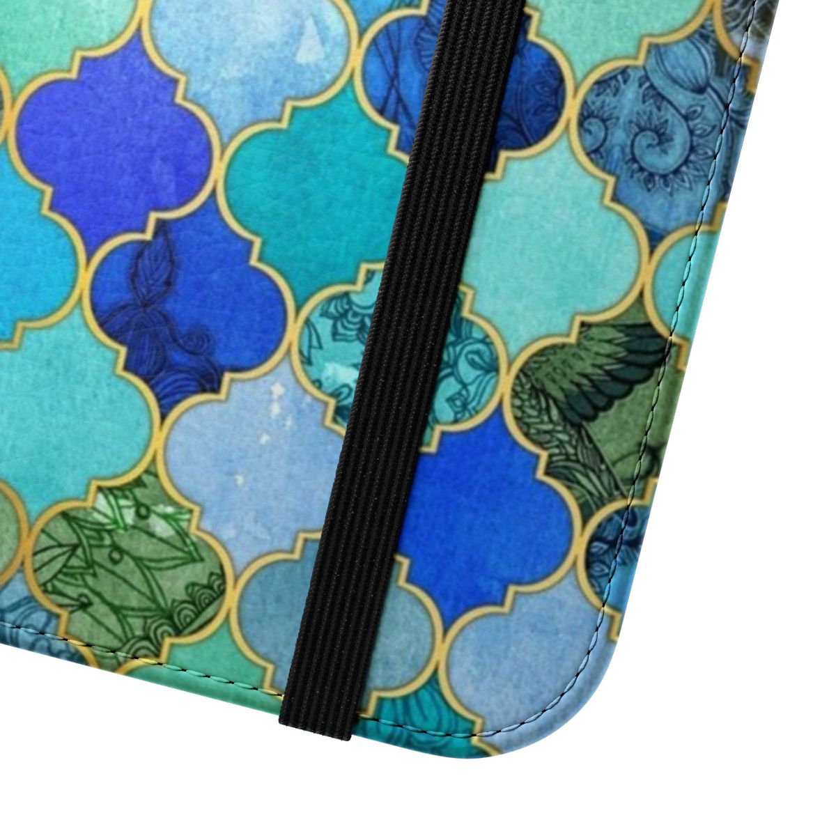 Decorative tile pattern flip phone case in cobalt blue, aqua, and gold colors - Close Up